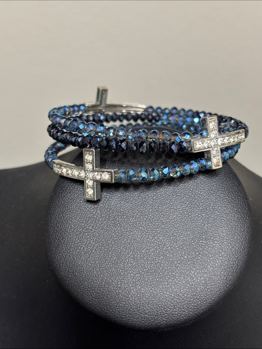 Blue Crystal Wire Wrap Bracelet with Pavé Cross Charms Adjustable